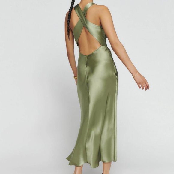 Reformation Casette Silk Dress, Artichoke 8, Occasion Wedding - Picture 3 of 9